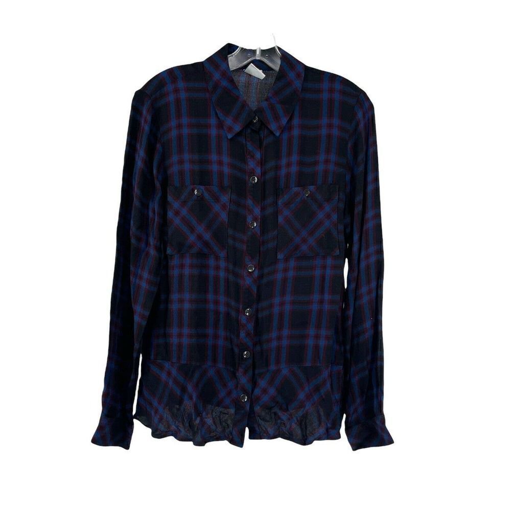CAbi Navy Blue Moody Check Plaid Top #3431 Size M Long Sleeve Button Down Shirt
